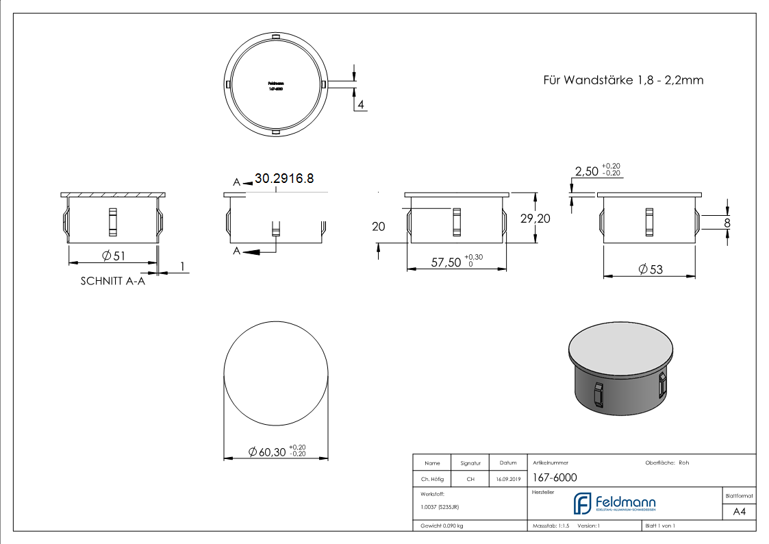Stahlstopfen flach - fuer Rundrohr Ø 60-3x1-8-2-2 mm - Stahl S235JR- roh-30-2916.8