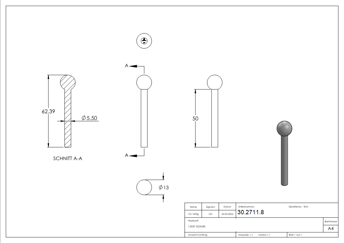 Kugelkopfbolzen Ø 5-5-13 mm Stahl S235JR- roh-30-2711.8