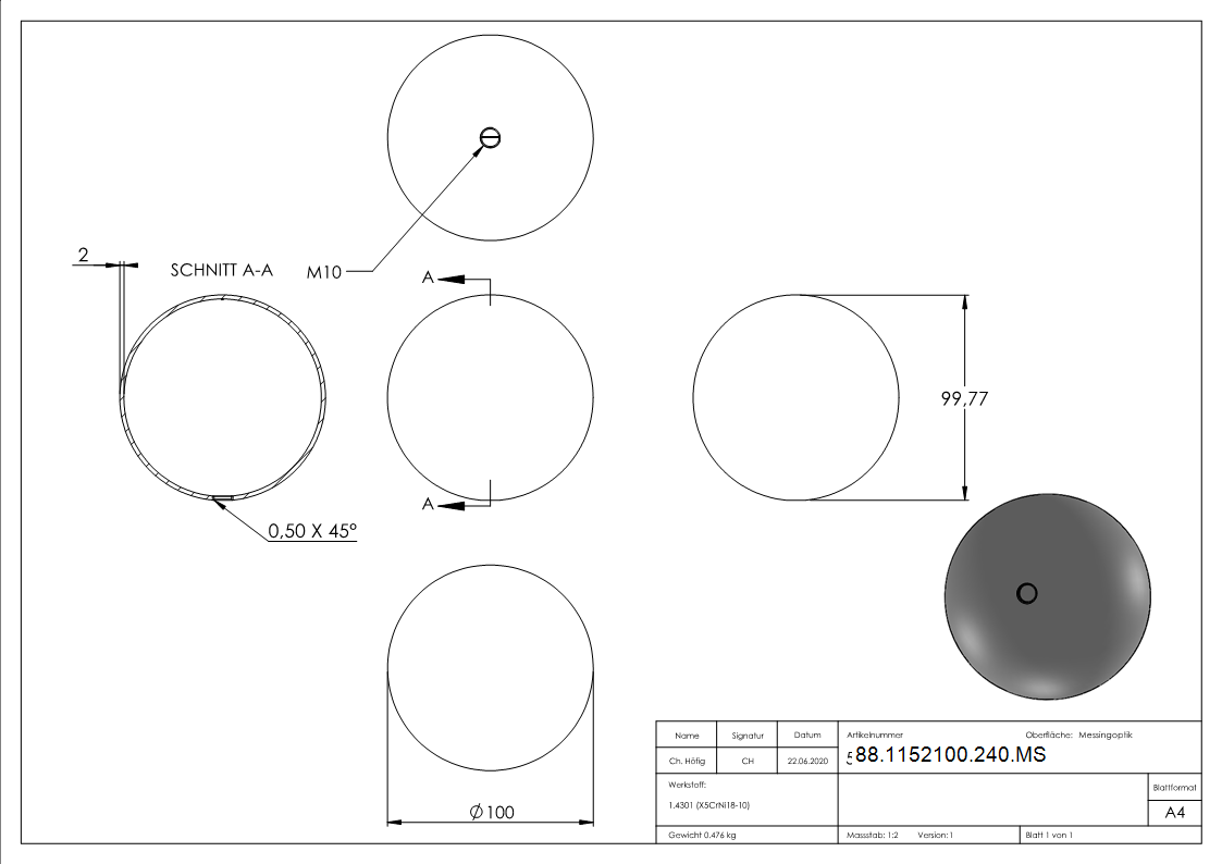 Hohlkugel Edelstahl V2A Messing beschichtet Ø 100 mm M10 fuer Aussenbereich-88-1152100-240.MS