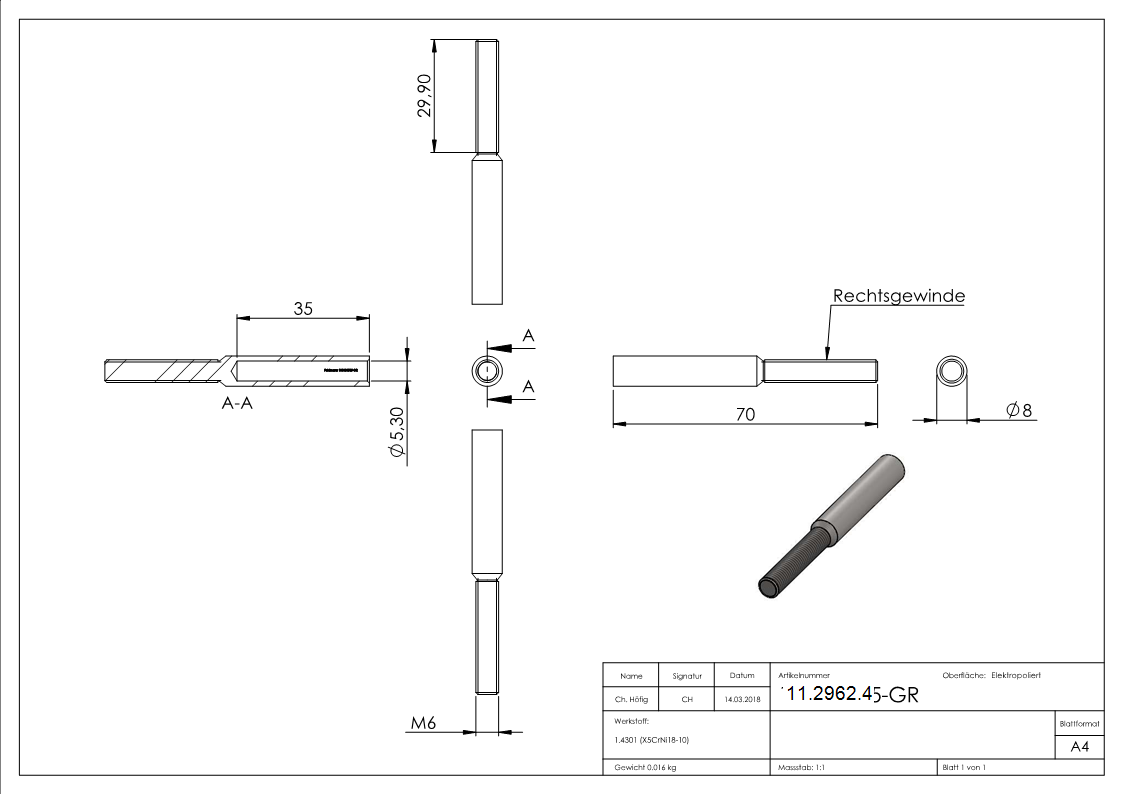 Gewindeterminal mit Aussengewinde - Rechtsgewinde - Fuer Seil von Ø 5 mm -V2A-11-2962.4