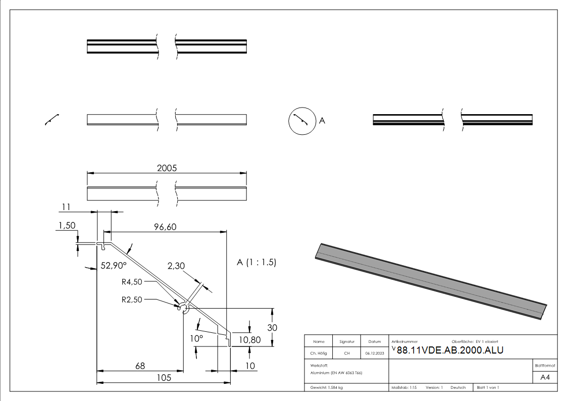 Design-Abdeckung fuer eleganza canopy- L=2005mm- Aluminium E4-EV1-88-11VDE-AB-2000.ALU