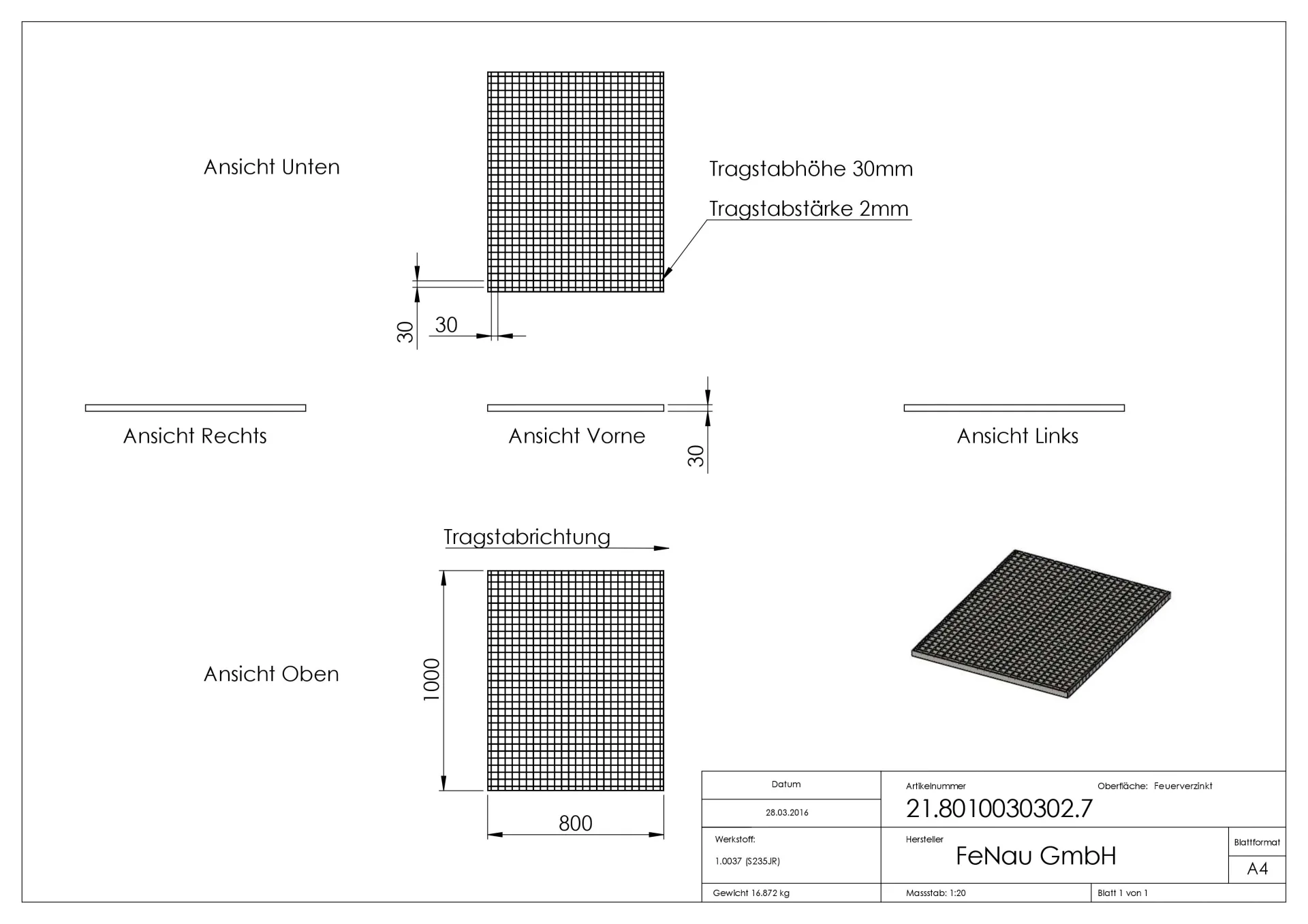 Industrie-Gitterrost - Masse- 800x1000x30 mm; MW 30-30 mm; 30-2 mm - S235JR -St37-2- im Vollbad feuerverzinkt-21-8010030302.7