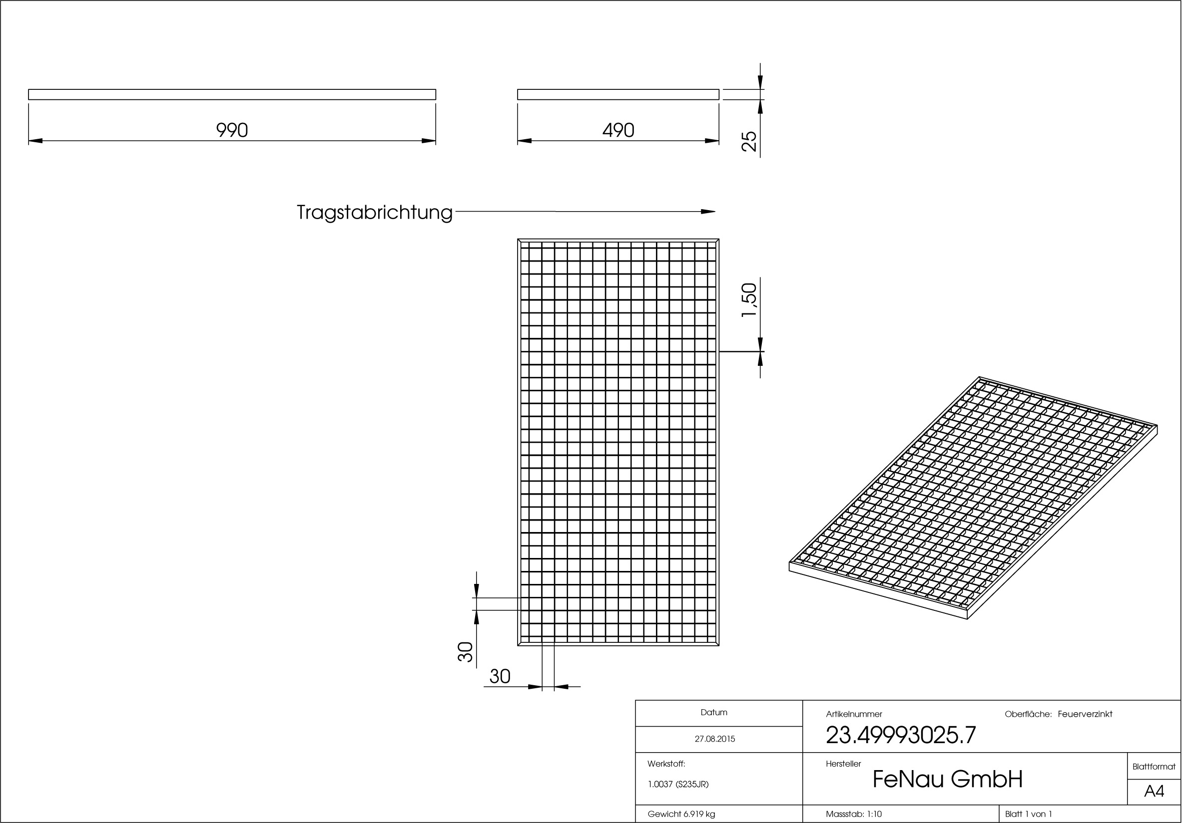 Lichtschachtrost Baunormrost - Masse-  490x990x25 mm 30-30 mm - aus S235JR -St37-2- im Vollbad feuerverzinkt-23-49993025.7