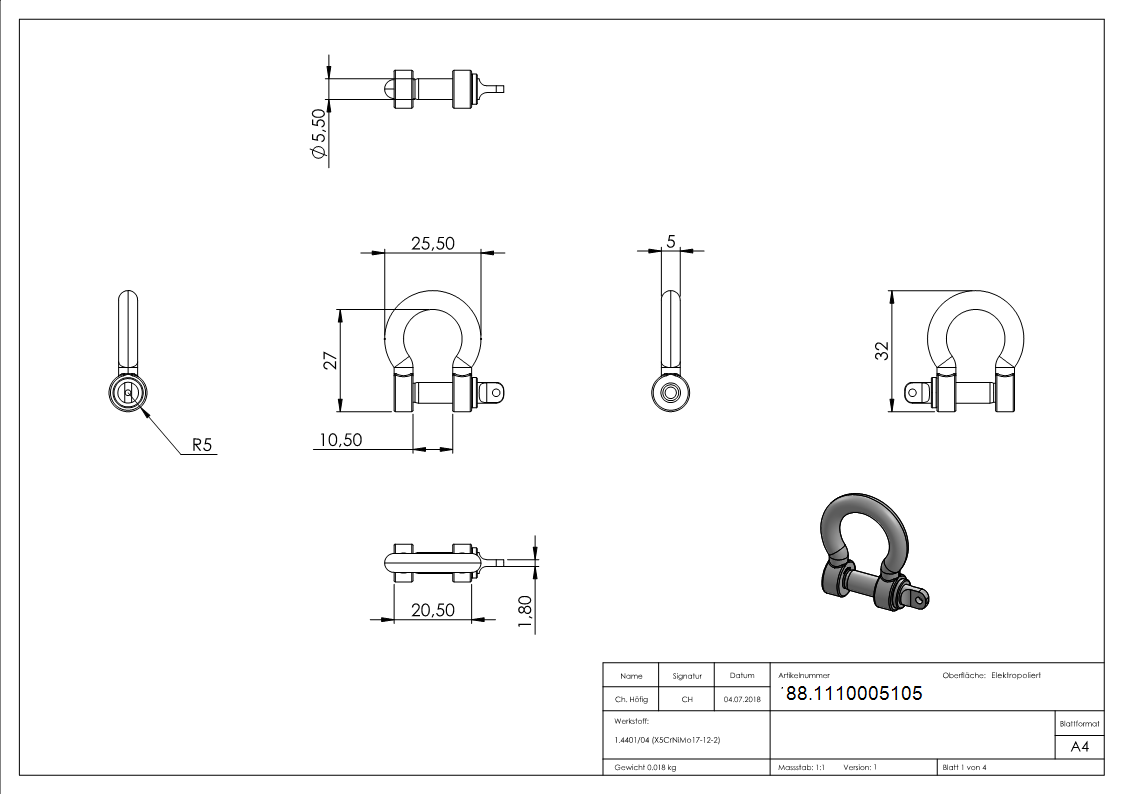 Gebogener Schaekel Edelstahl V4A M5 fuer Aussen- und Kuestenbereich-88.1110005105