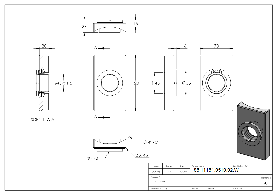 Montageplatte fuer RR eckig 70 x 120 mm-88-11181-0510-02.W