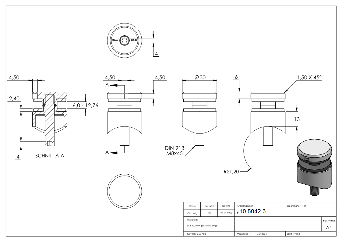 Glaspunkthalter Ø 30 mm- Zink -roh- Anschluss- Rohr Ø 42-4 mm-10-5042.3