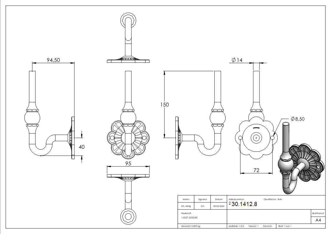 Handlauftraeger - zum Anschweissen - Stahl S235JR- roh-30-1412.8