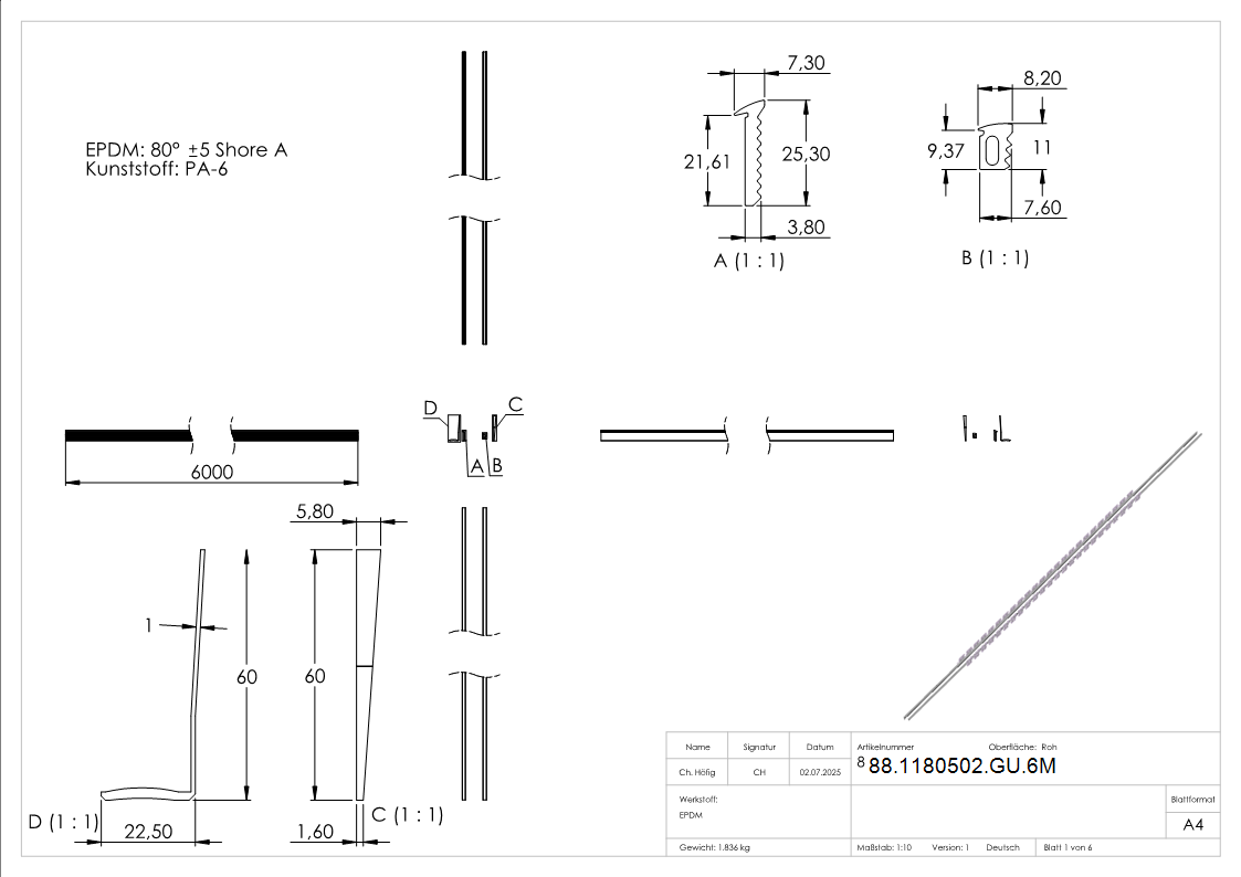 Montageset Gummi Kunststoff fuer Glas 20-76–21-52 mm L = 6000 mm fuer Aluprofil-88-1180502-GU.6M