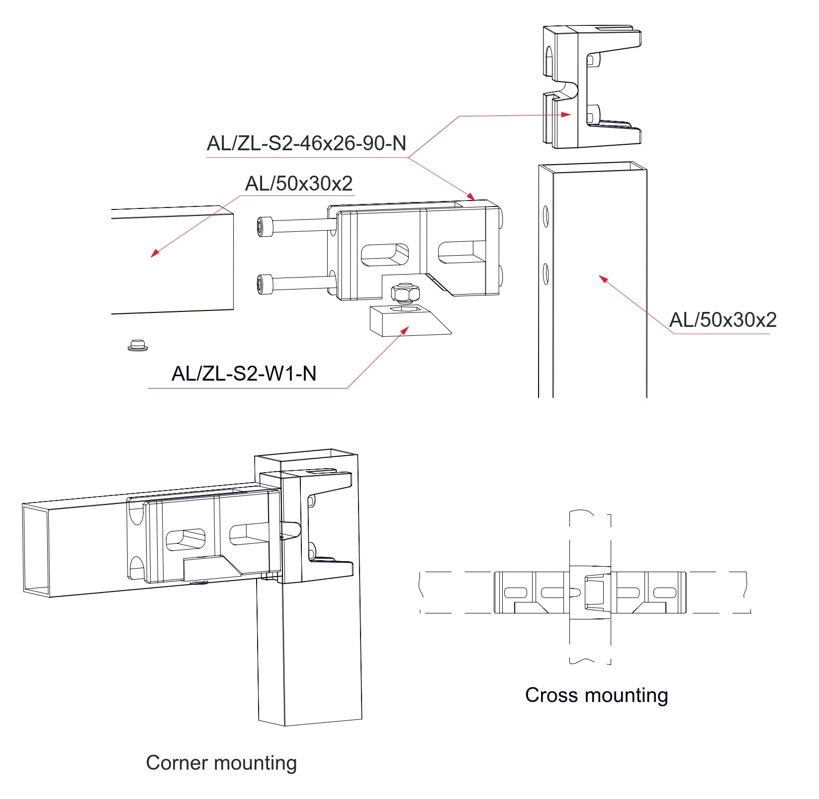 Profilverbinder Aluminium 46x26 mm fuer Profil 50x30 180°-89-11ALZLS246X26180N-A.4