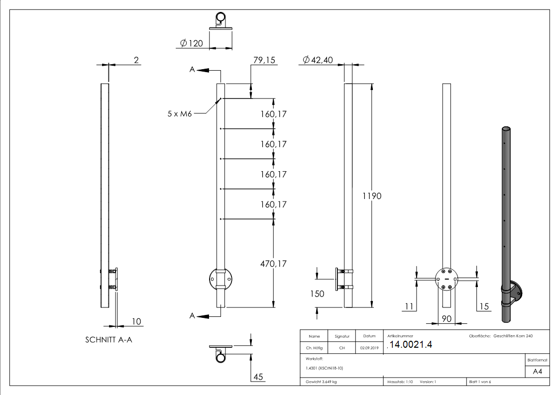 Gelaenderpfosten seitliche Montage fuer 5 Querstabhalter M6 Laenge- 1190 mm V2A-14-0021.4