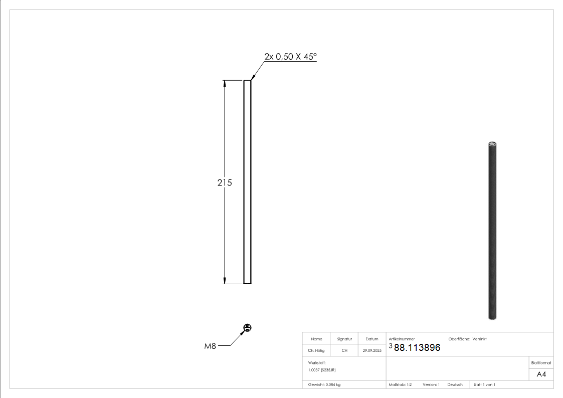 Gewindestange M8- Laenge 214mm- verzinkt-88.113896