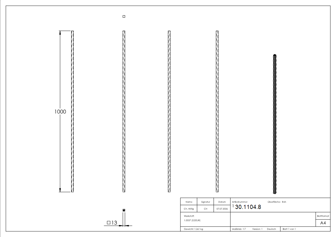 Zwischenstab - Laenge- 1000 mm - Material- 13x13 mm - gehaemmert - Stahl S235JR- roh-30-1104.8