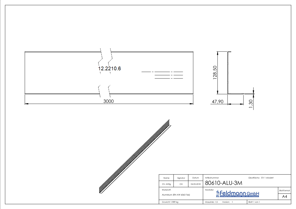 Abdeckung fuer Ganzglasgelaender - MASSIV - Laenge- 3000 mm - seitliche Montage - Aluminium-12-2210.6
