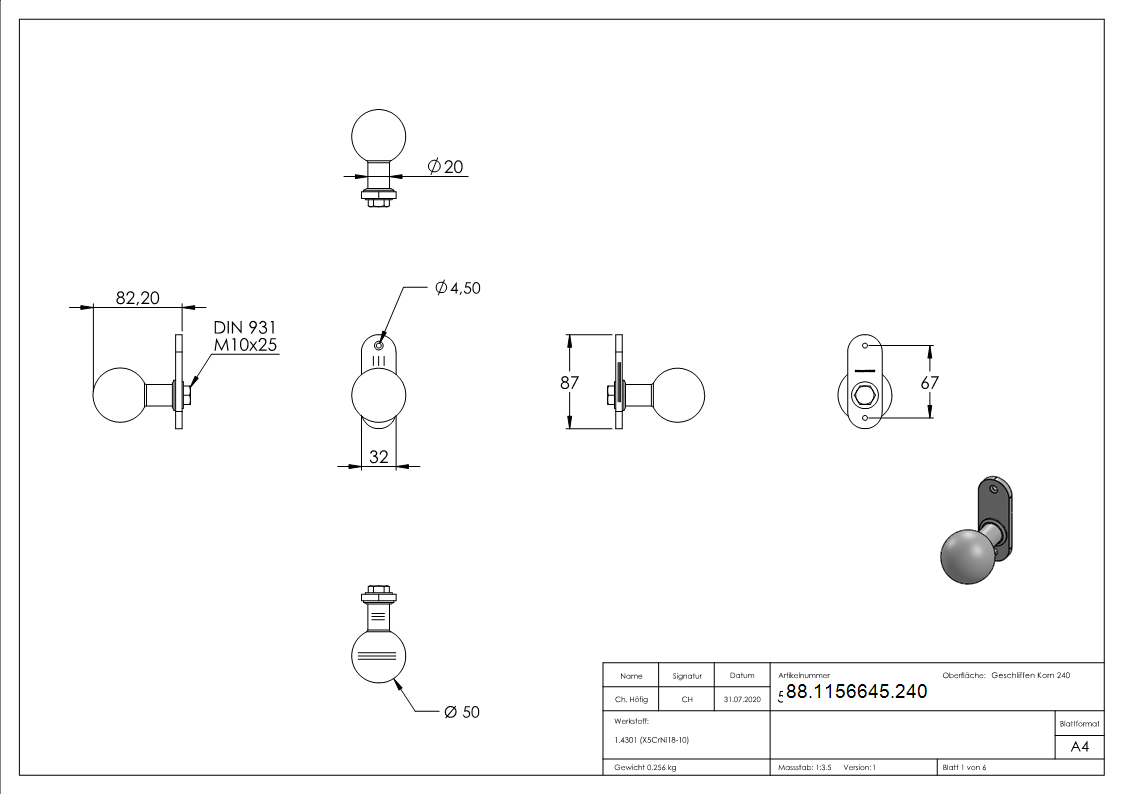 Tuerknopf- Ø 50mm- mit Kurzschild- V2A-88-1156645.240