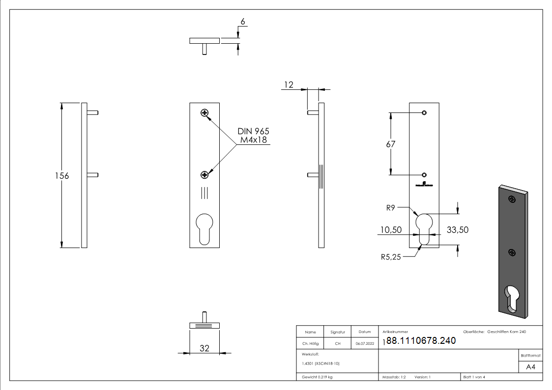 Langschild Edelstahl V2A 32 x 156 x 6 mm geschliffen Korn 240 fuer Schlosskaesten-88-1110678.240