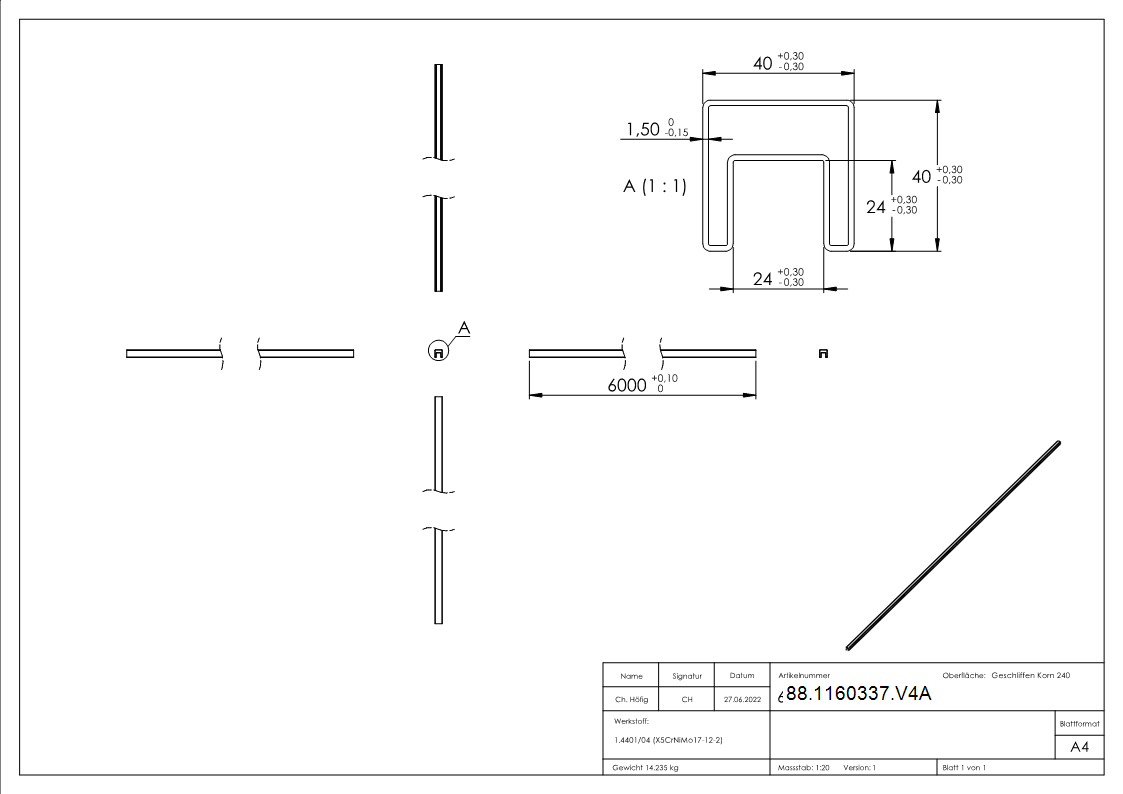 Quadratnutrohr- 40 x 40 x 1-5 mm- Laenge- 6000mm Edelstahl-88-1160337.V4A