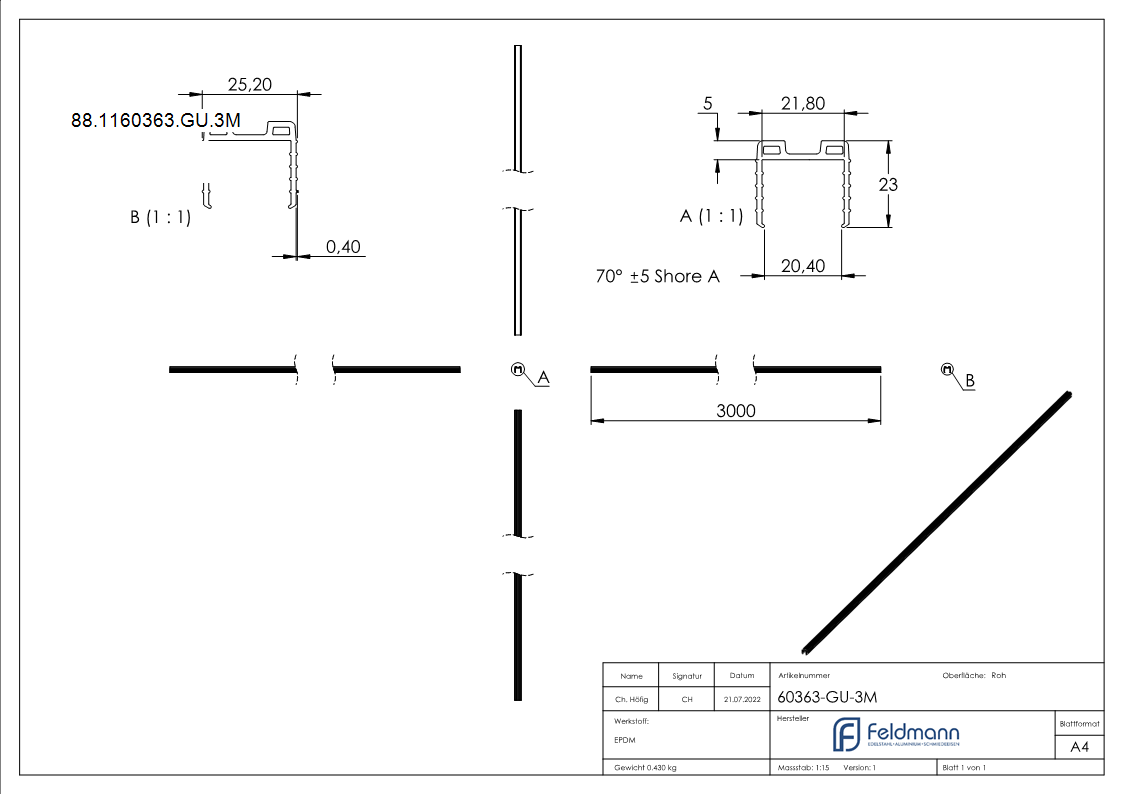 Keildichtung EPDM fuer Glas 20-76–21-52 mm- Nut 24x24 mm- L = 3000 mm-88-1160363-GU.3M