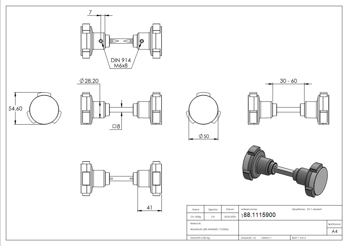 Sicherheitsknauf Aluminium Drueckerstift 8x8 mm Paar-88.1115900