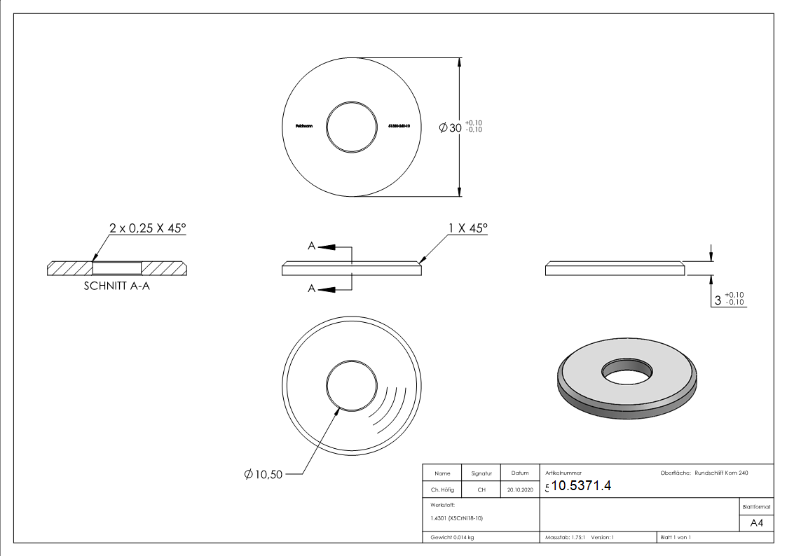 Ausgleichsstueck Ø 30 mm mit Bohrung 10-5 mm V2A-10-5371.4
