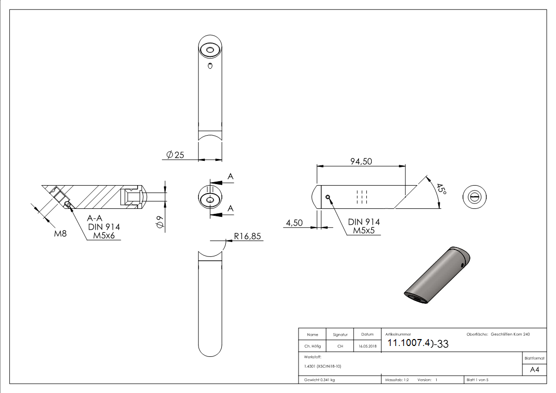 V2A Rohrabstandshalter 45° fuer Ø 33-7 mm-11-1007.4