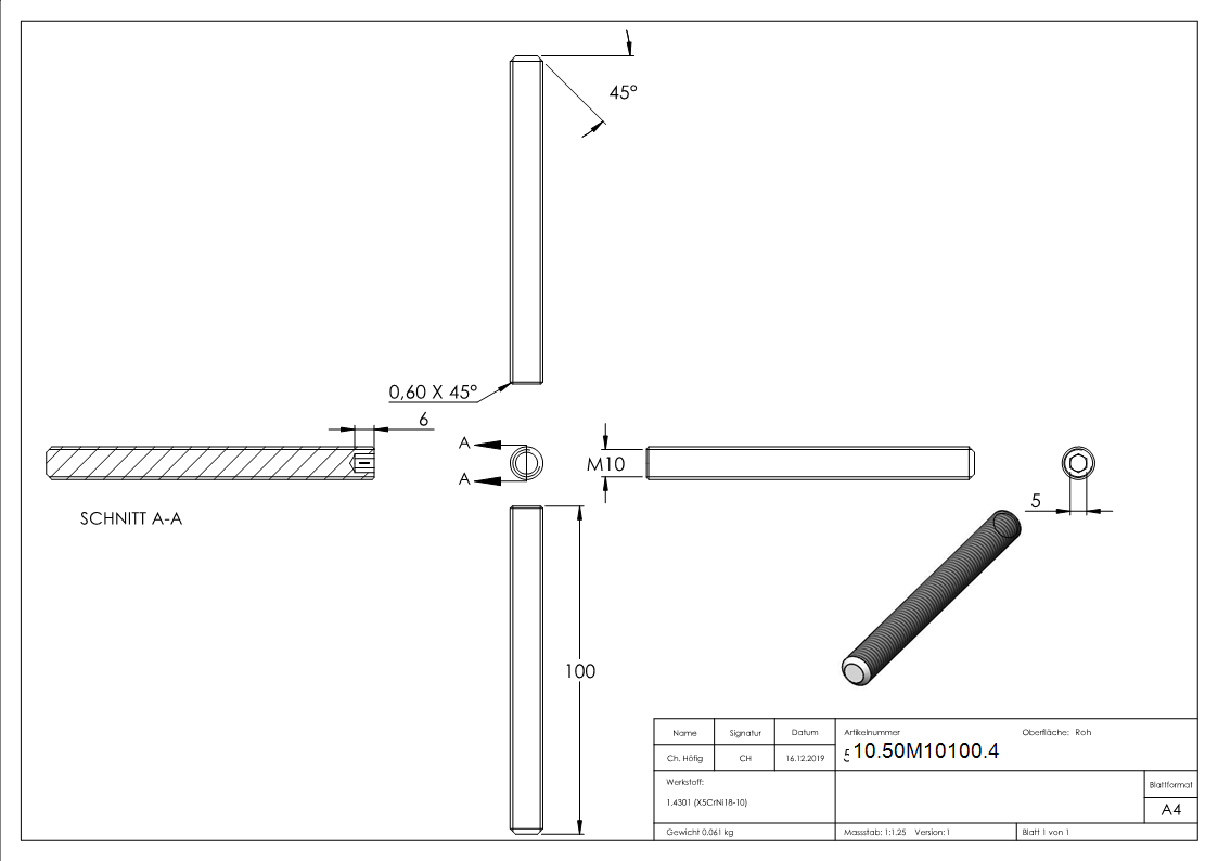 Gewindestift V2A M10x100 Innensechskant Kegelkuppe DIN 913-10-50M10100.4