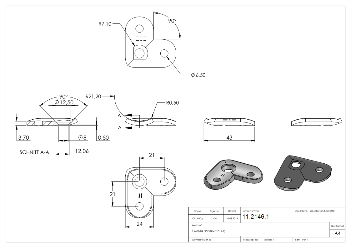 Handlaufanschlussplatte 90° fuer Rohr Ø 42-4 mm V4A-11-2146.1