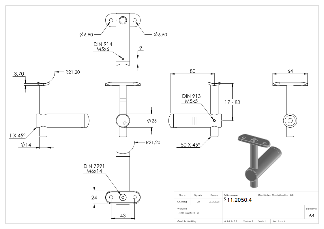 Handlaufhalter V2A fuer Rohr 42-4 mm Wandabstand 80 mm zum Anschrauben-11-2050.4