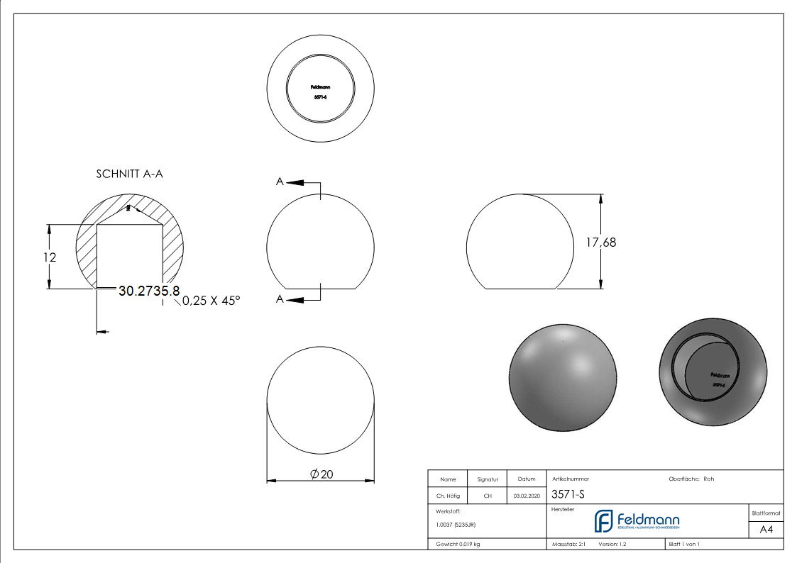 Kugel Ø 20 mm - mit Sackloch 12-2 mm - Stahl S235JR- roh-30-2735.8