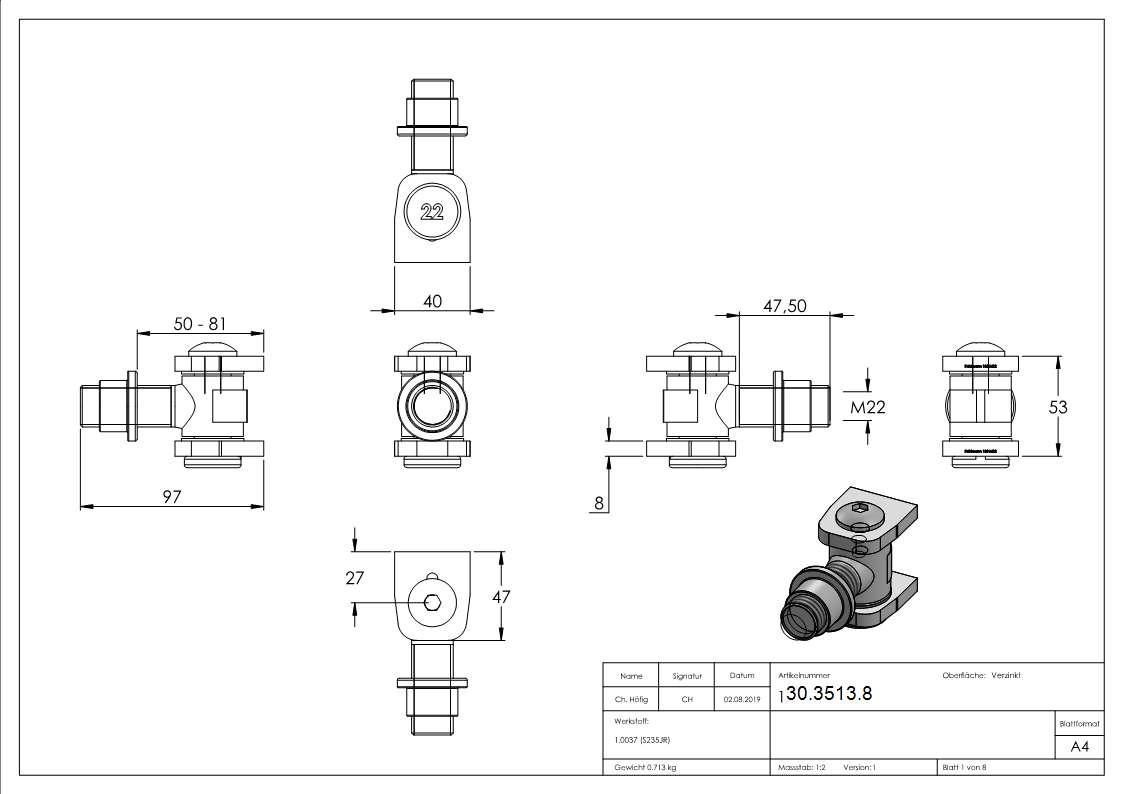 Torband M22 verstellbar schweissbar Stahl -roh- S235JR-30-3513.8