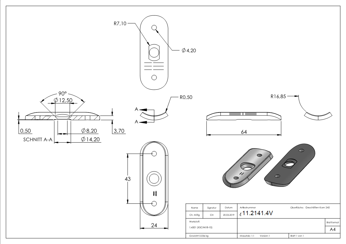 Handlaufanschlussplatte 63x25x4 mm fuer Rohr Ø 33-7 mm zum Vernieten V2A-11-2141.4V