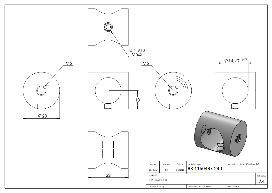 Querstabhalter Edelstahl V2A fuer Ø 14 mm Stab- Bohrung 14-2 mm- Montage zwischen Flacheisen-88-1150497.240