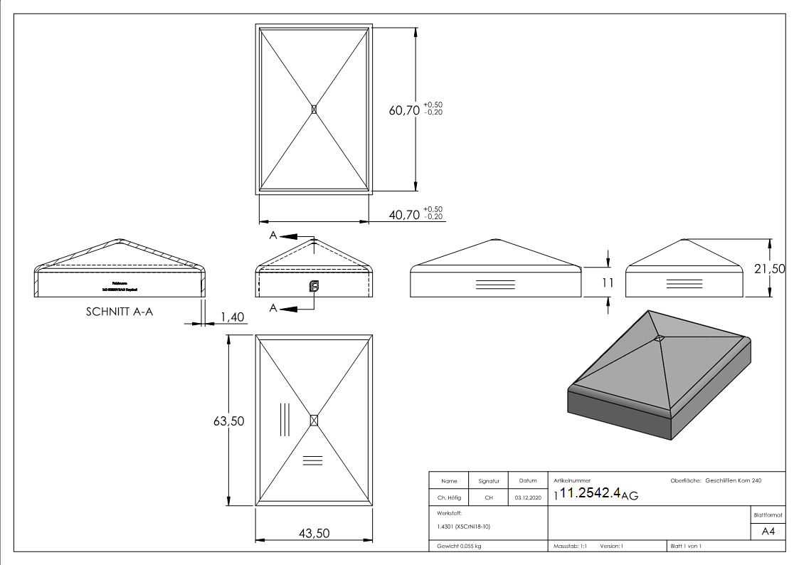 Pfostenkappe Edelstahl fuer Vierkantrohr- 60x40 mm Oberflaeche geschliffen V2A-11-2542.4