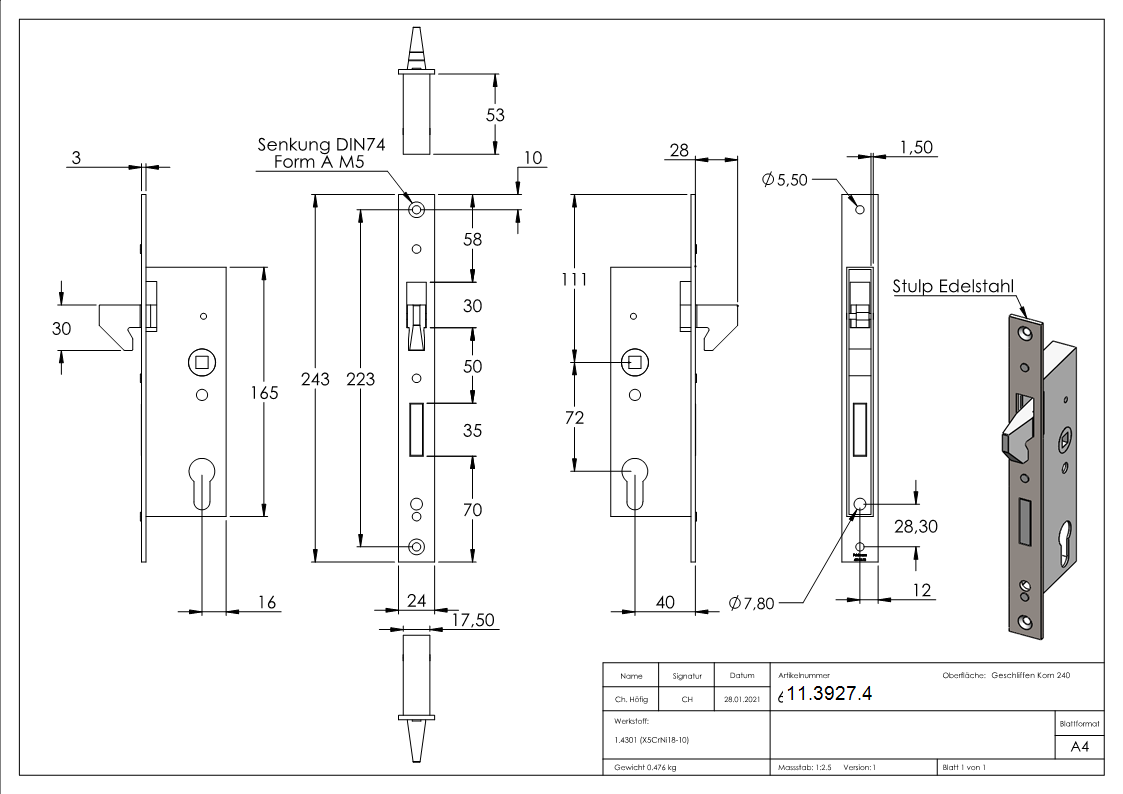 Rohrprofilschloss mit Hakenfalle - Dornmass- 40 mm - Stahl -verzinkt- S235JR-11-3927.4