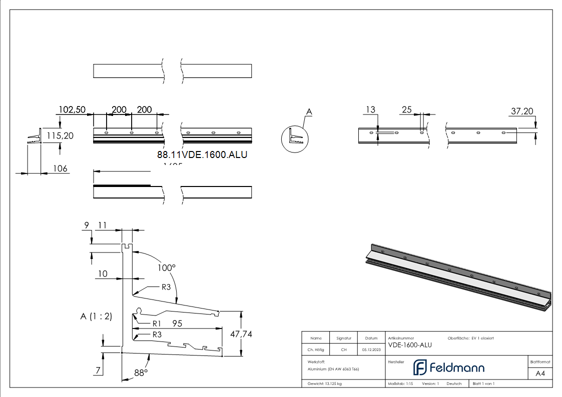 Vordachprofil eleganza canopy- L=1605mm- E4-EV1-88-11VDE-1600.ALU
