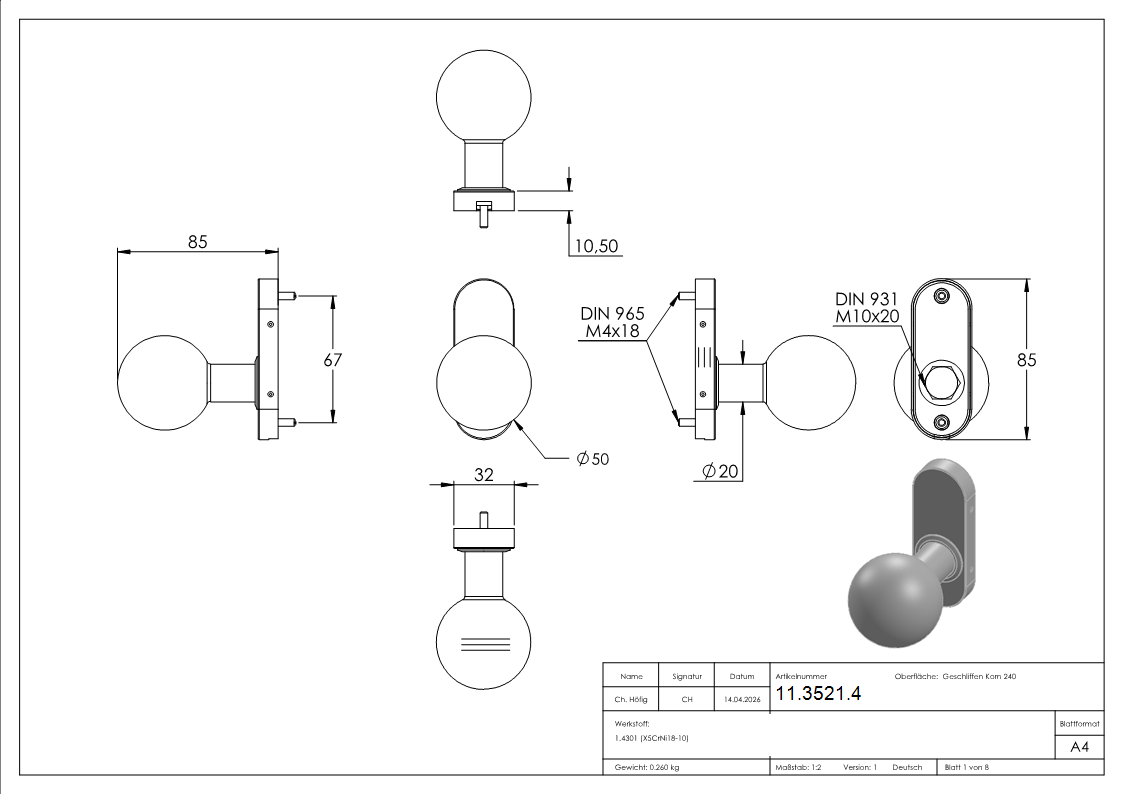Tuerdruecker gerade mit Kugel Ø 50 mm feststehend V2A-11-3521.4