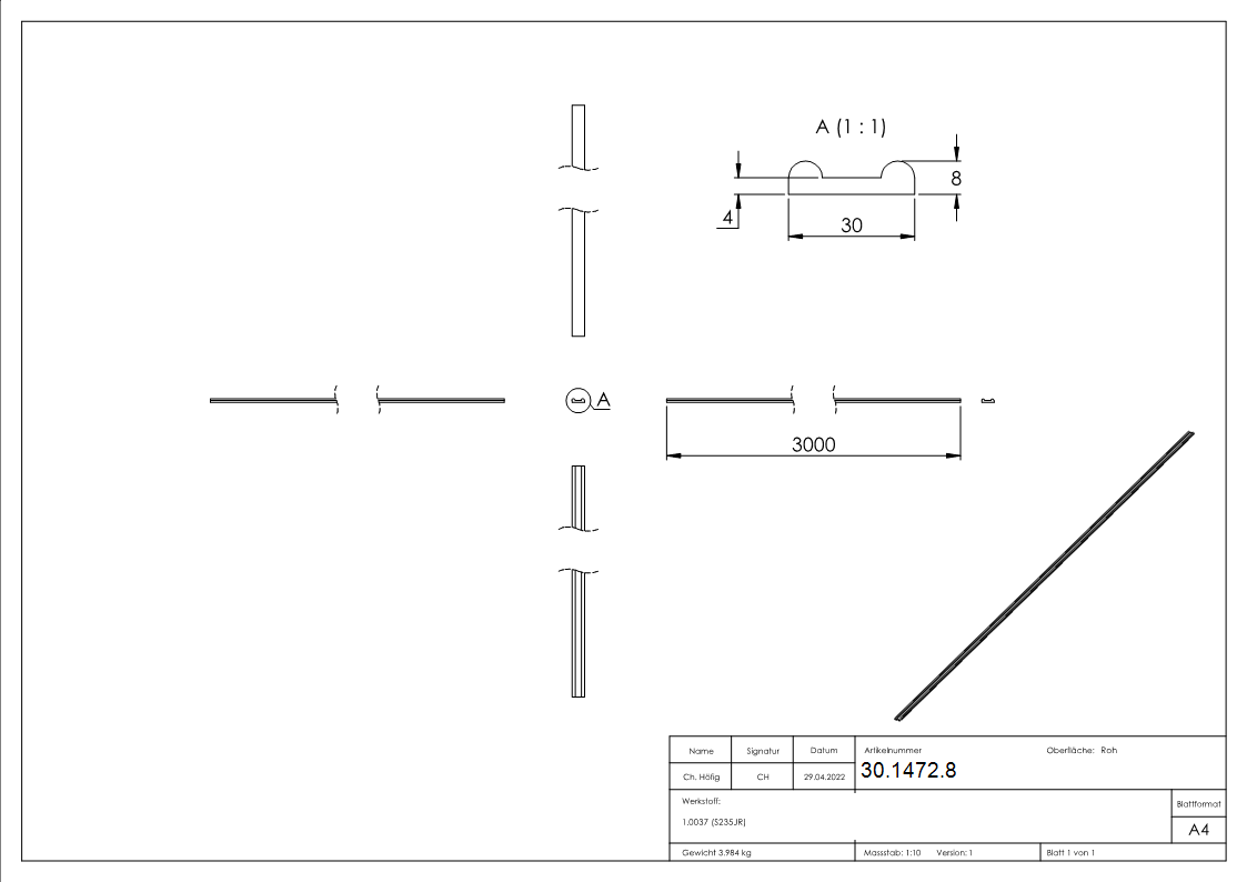 Hespeneisen 30x8x4 mm Profilstahl 3000mm S235JR roh-30-1472.8