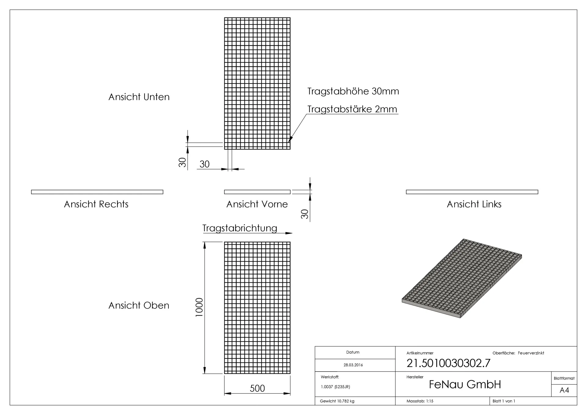 Industrie-Gitterrost - Masse- 500x1000x30 mm; MW 30-30 mm; 30-2 mm - S235JR -St37-2- im Vollbad feuerverzinkt-21-5010030302.7