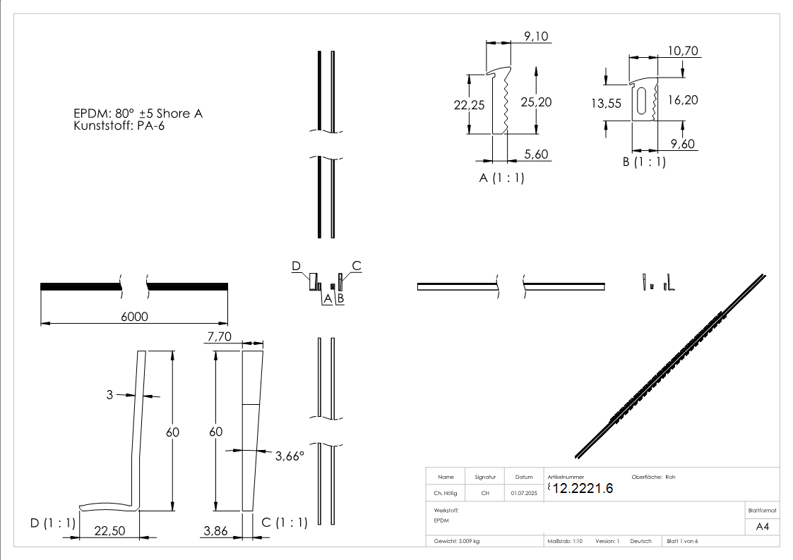 Gummiset - fuer Glas- 16-76-17-52 mm - Laenge- 6000 mm-12-2221.6