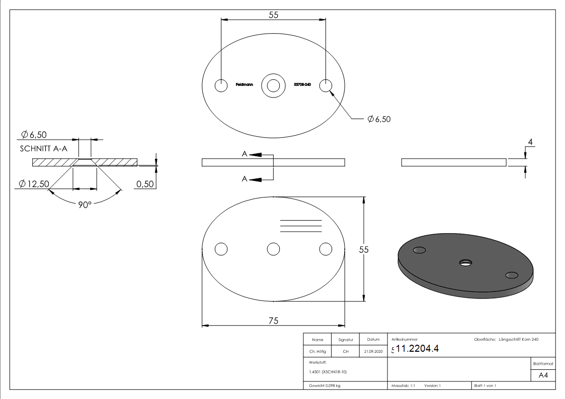 Ankerplatte Masse- 75 x 55 x 4 mm mit Zentrierbohrung- Ø 10 mm V2A-11-2204.4