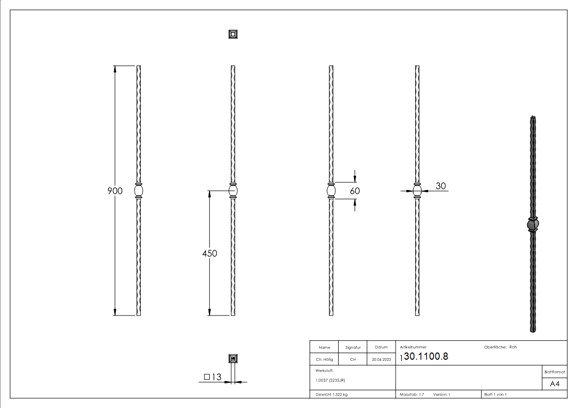 Zwischenstab - Laenge- 900 mm - Material- 13x13 mm - gehaemmert - Stahl S235JR- roh-30-1100.8