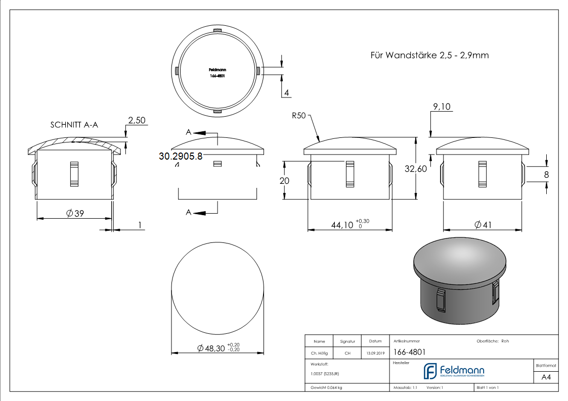 Stahlstopfen - leicht gewoelbt - fuer Ø 48-3x2-5-2-9 mm - Stah S235JR- roh-30-2905.8
