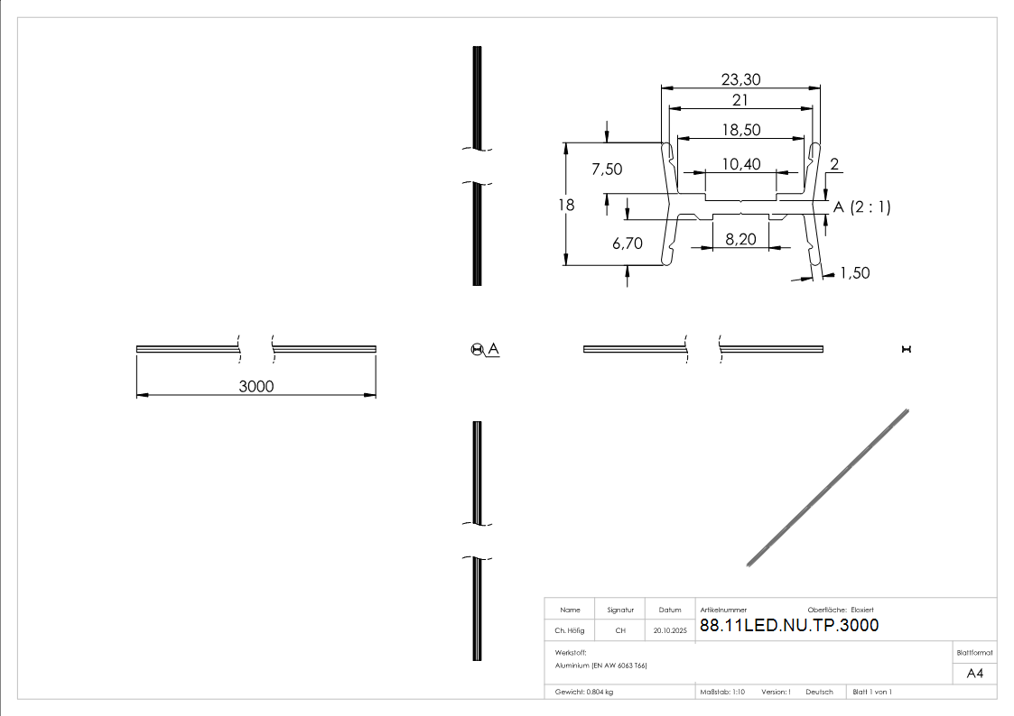 LED Traegerprofil Aluminium 3000 mm fuer 42-4 mm Nutrohr wendbar-88-11LED-NU-TP.3000