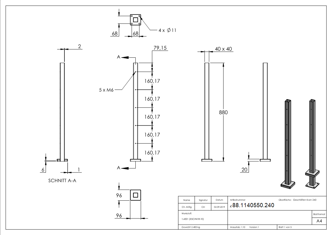 Edelstahlpfosten V2A zur Bodenmontage- Laenge 880mm-88-1140550.240