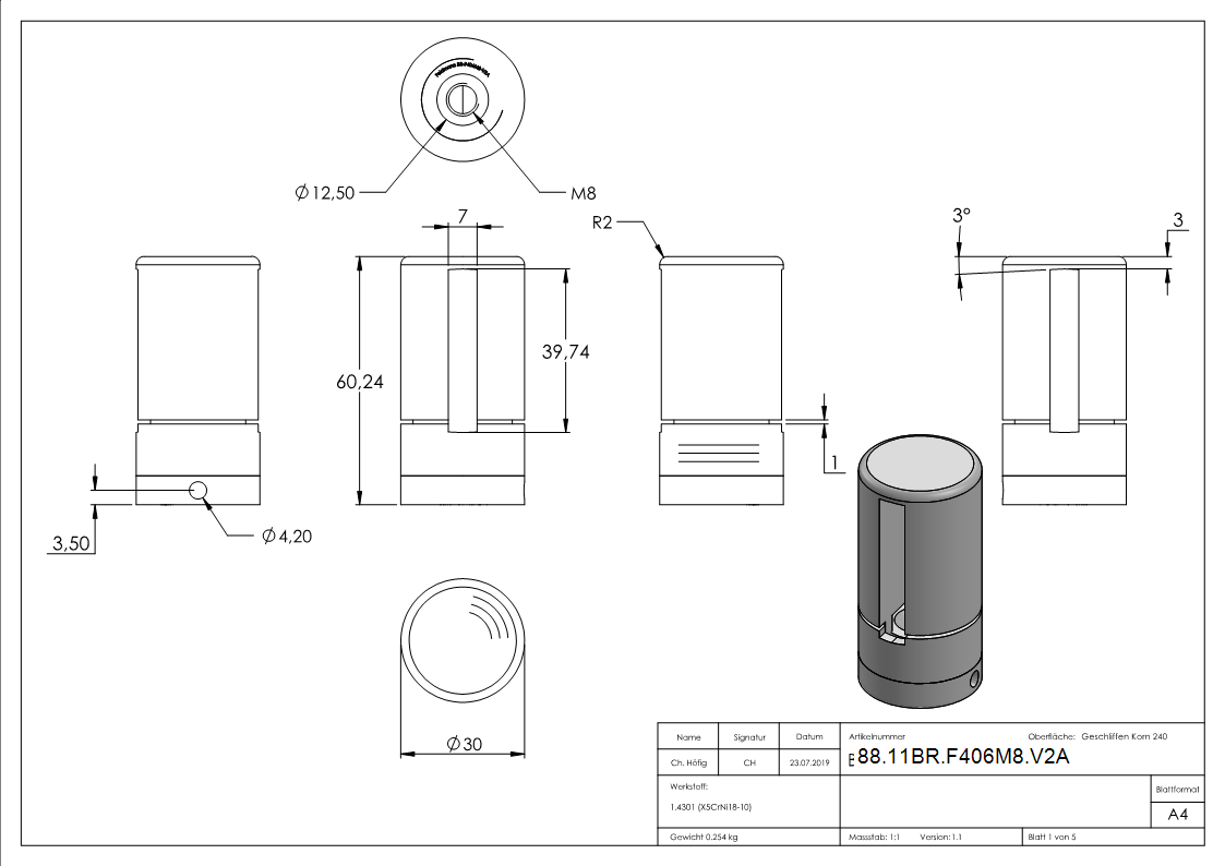 BRENK-fix® Grundhalter fuer Flachstaebe 40 x 6mm- V2A-88-11BR-F406M8.V2A