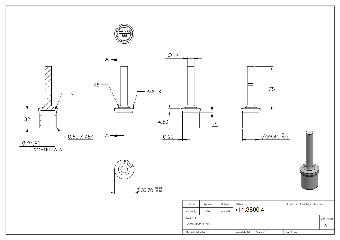 Handlaufstuetze aus einem Stueck fuer  33-7x2-0 mm V2A-11-3860.4