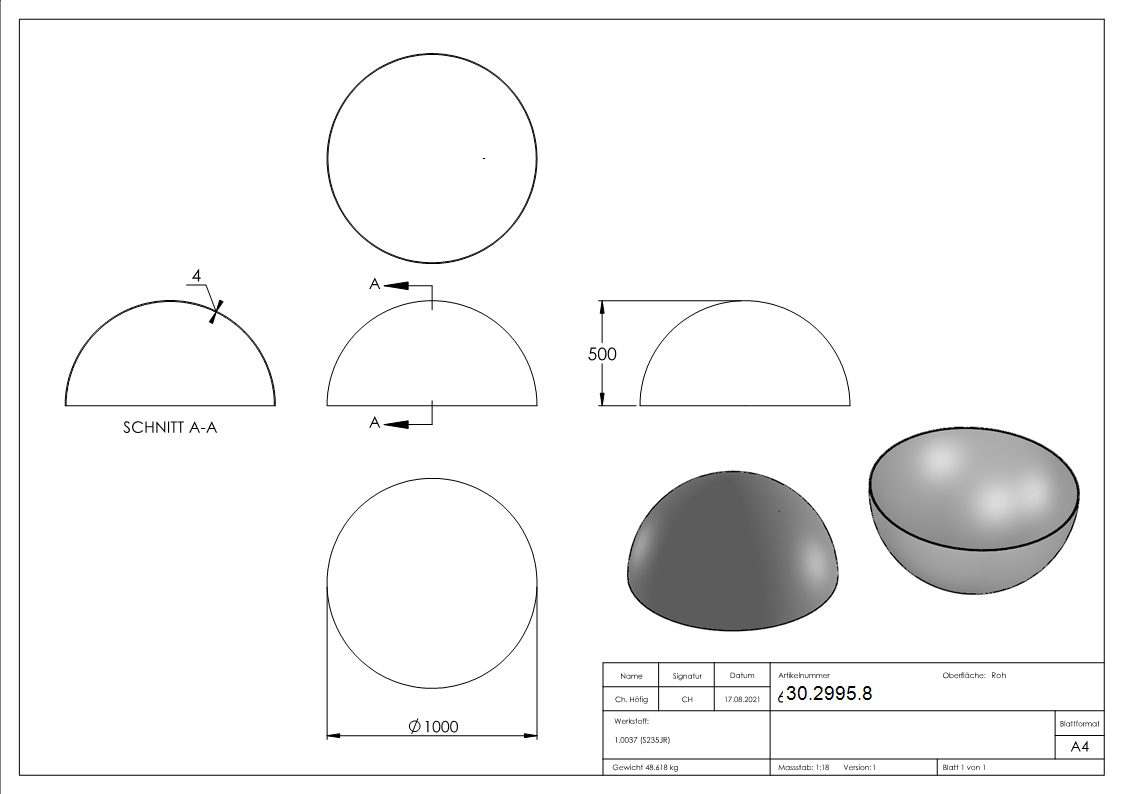 Halbhohlkugel Ø 1000 mm - glatt - Stahl S235JR- roh-30-2995.8