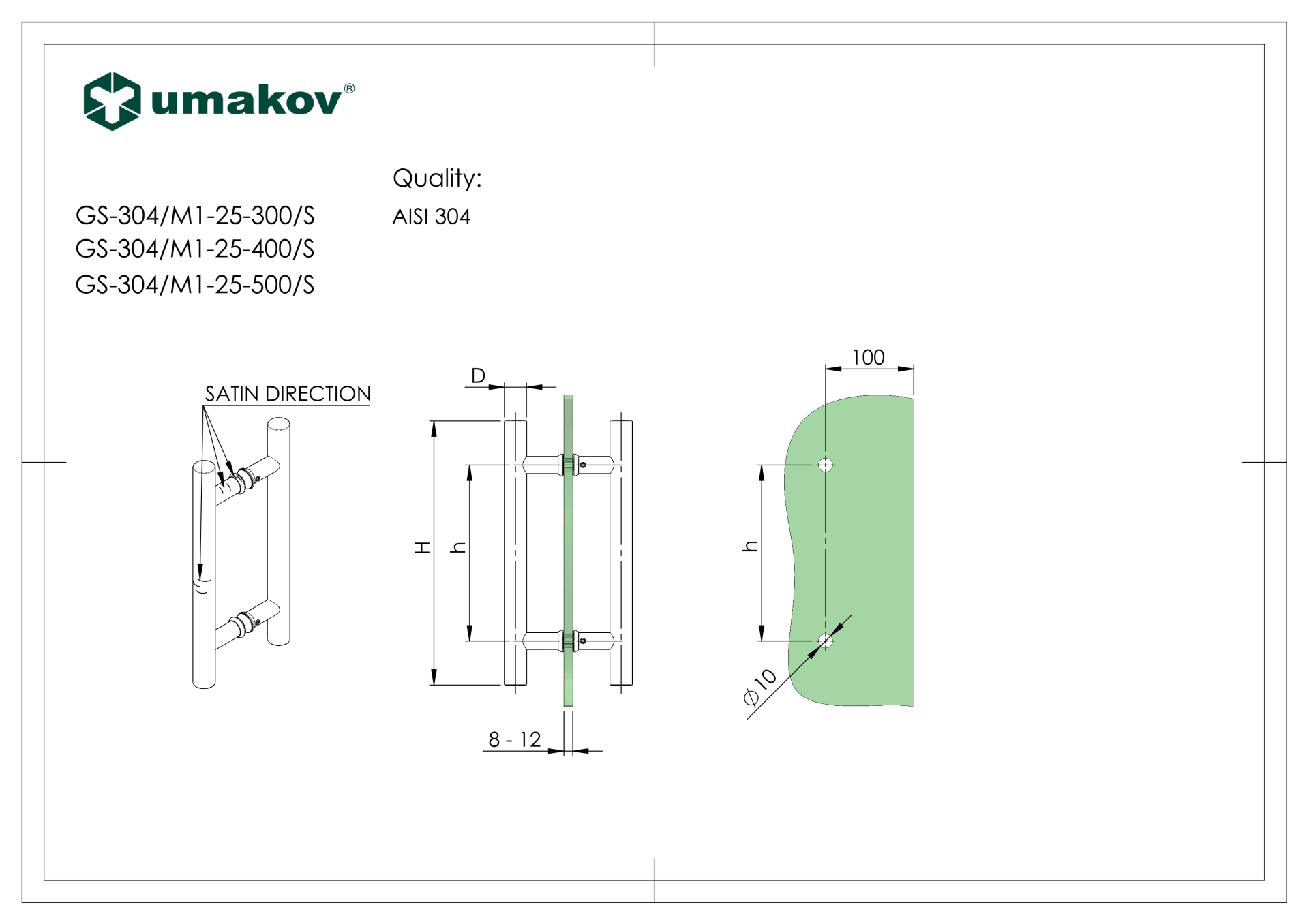 Edelstahl Schiebetuergriff fuer Glas- rund- Ø 25mm- H 300mm- Loch 200mm-89-11GS304M125300S-A.4