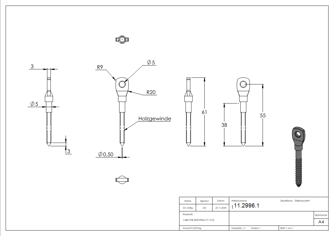 Augenschraube V4A Edelstahl Holzgewinde 5 mm flacher Kopf-11-2996.1