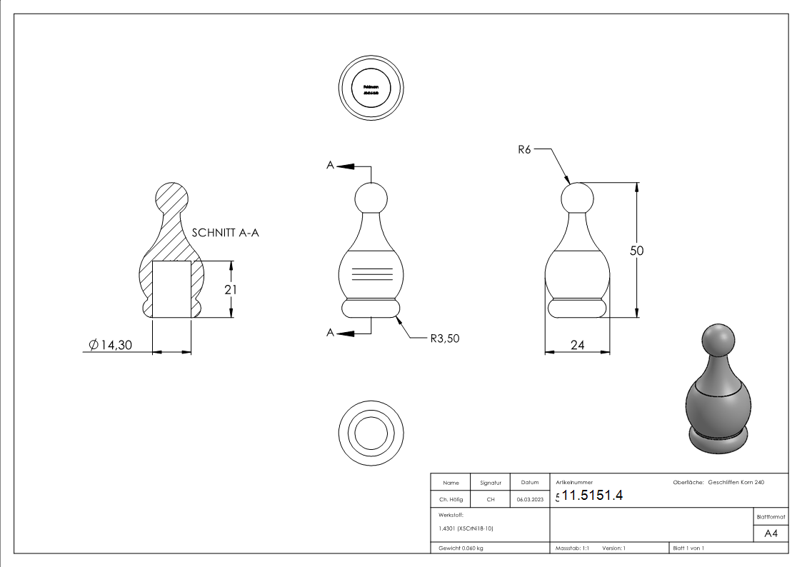Zierspitze 50x24 mm zum Kleben fuer Rundstaebe V2A-11-5151.4