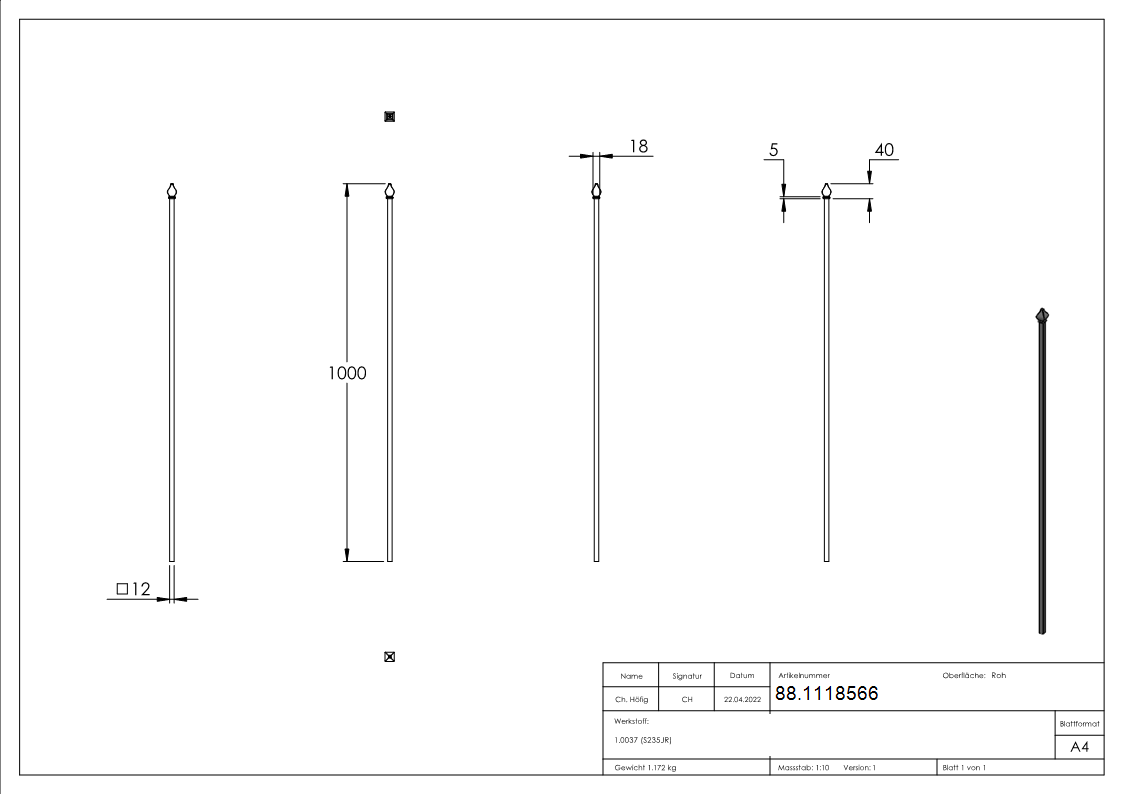 Zaunstab Stahl roh 12 x 12 mm L = 1000 mm mit Zierspitze-88.1118566